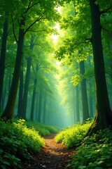 Obraz premium Sun-dappled green forest panorama, lush deciduous trees, spring, vista, environment