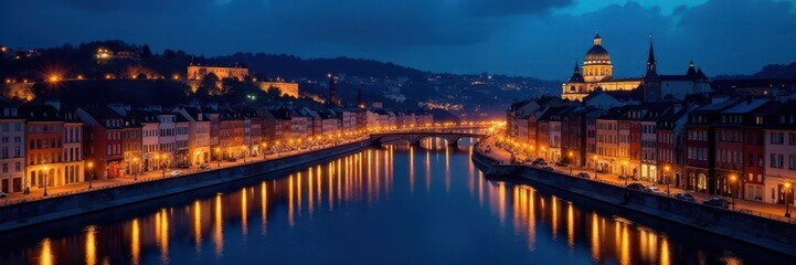 Obraz premium City lights illuminate European cityscape at night, cityscape, tourism