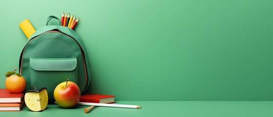 Back to school supplies. School accessories with school bag on green background. 