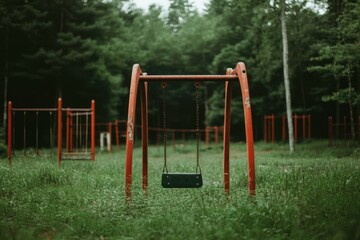 Fototapeta premium Abandoned playground swing in forest, tranquility, forgotten children's place, nature's takeover