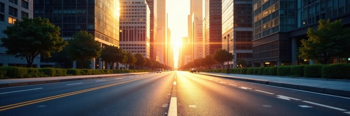 Empty city asphalt road, towering skyscrapers reflecting sunlight, shadow, background