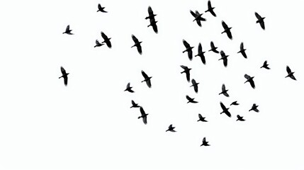 A flock of birds gracefully soars through the sky, silhouetted against a pale background, creating a serene and dynamic scene of nature.