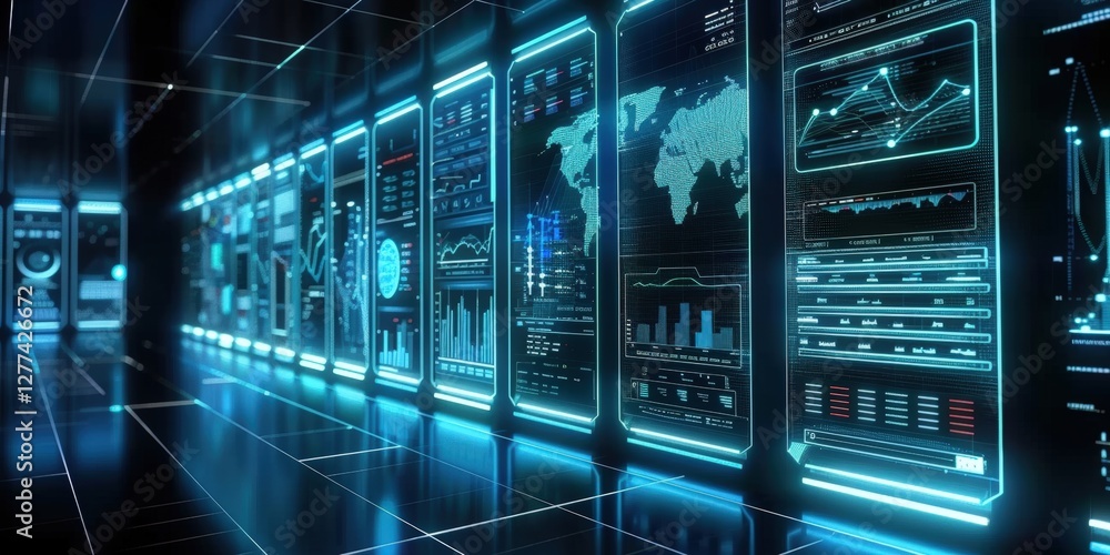 Poster a futuristic data center featuring illuminated screens displaying various graphs, maps, and metrics,