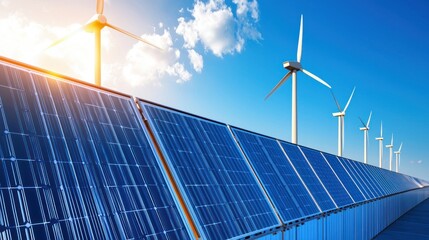 Renewable Energy Landscape Solar Panels and Wind Turbines Under a Bright Blue Sky Clean Energy Future Perspective