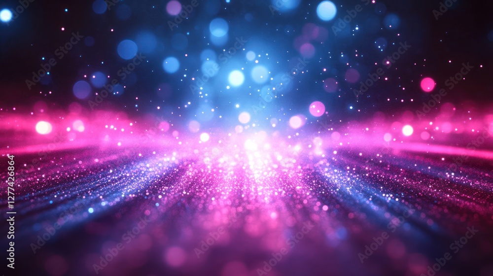 Poster Abstract background with pink and blue glowing particles and bokeh lights.
