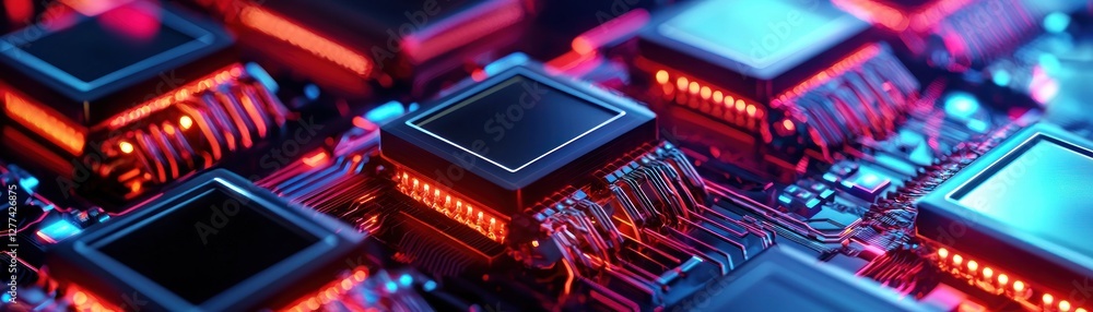 Poster futuristic microchip architecture with glowing red and blue lights reflecting innovation and technol