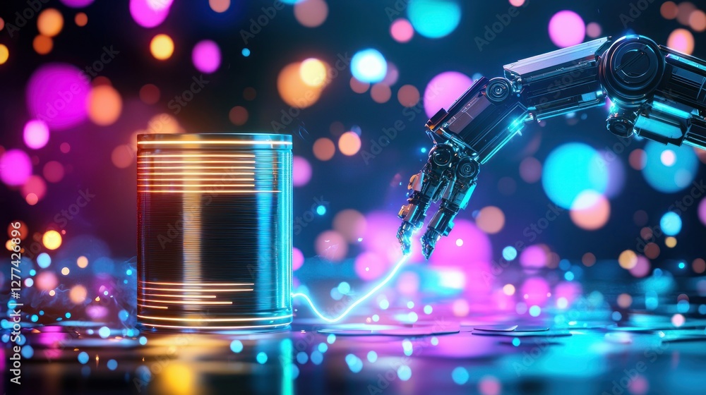 Poster futuristic robotic arm interacting with a glowing cylinder against a vibrant bokeh background creati