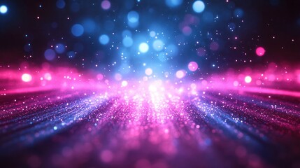 Fototapeta premium Abstract background with pink and blue glowing particles and bokeh lights.