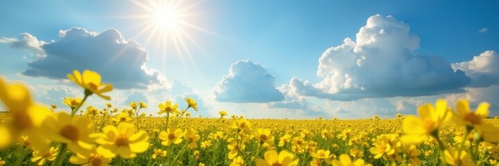 Obraz premium Sunbeams pierce fluffy clouds above vibrant canola blossoms , bright, Canola
