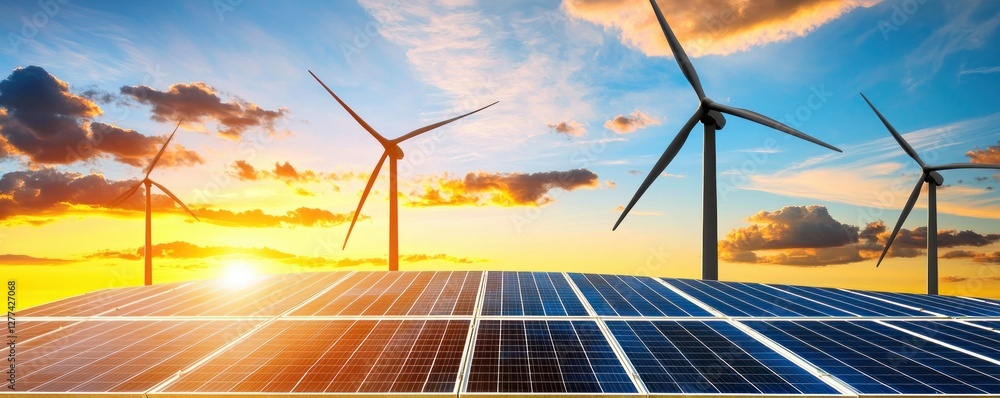 Poster serene sunset over solar panel array and wind turbines creating sustainable energy for future genera