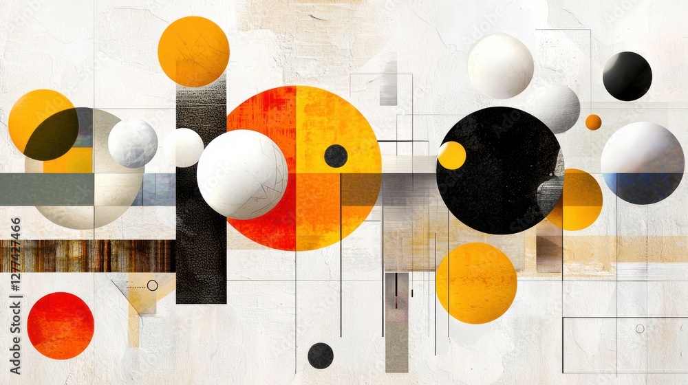 Poster abstract composition with geometric shapes and textured background in bold colors and modern style