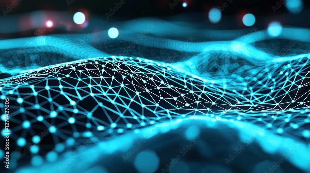 Poster abstract futuristic network background with glowing nodes and connections in blue and black design f
