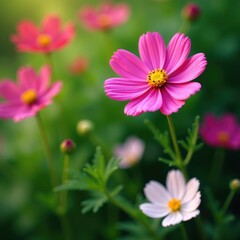 Obraz premium Delicate cosmos blossoms, vibrant petals, lush green garden , cheerful, outdoor, colorful