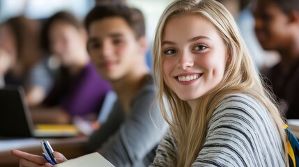 Obraz premium Bright and Happy Student in a Classroom Setting