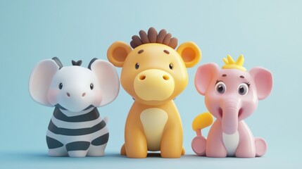 Cute cartoon animal figures, zebra, giraffe, and elephant, sitting in a row on a light blue background.  