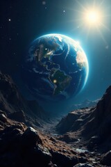 Harsh sunlight, sharp shadows, Earth a distant blue marble , contrast, rocky