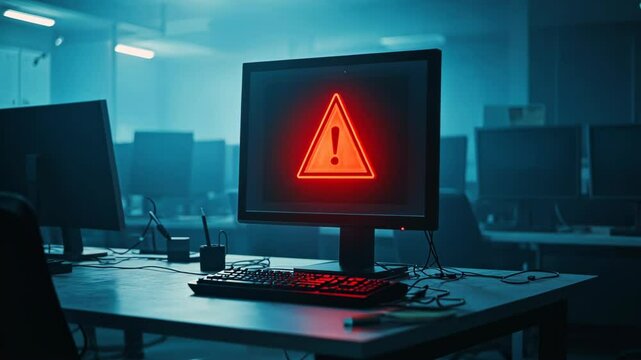 Warning signal highlighted on computer screen in a dimly lit office environment during late hours