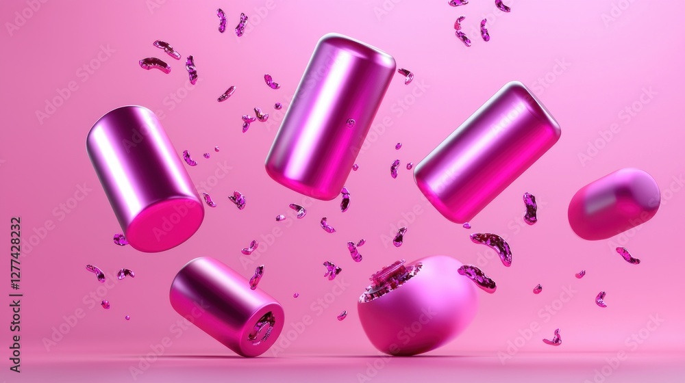 Poster abstract pink composition with geometric shapes and metallic elements creating a modern and playful 