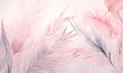 Obraz premium Pink on a blue leaves background. watercolour background with palm leaves. 