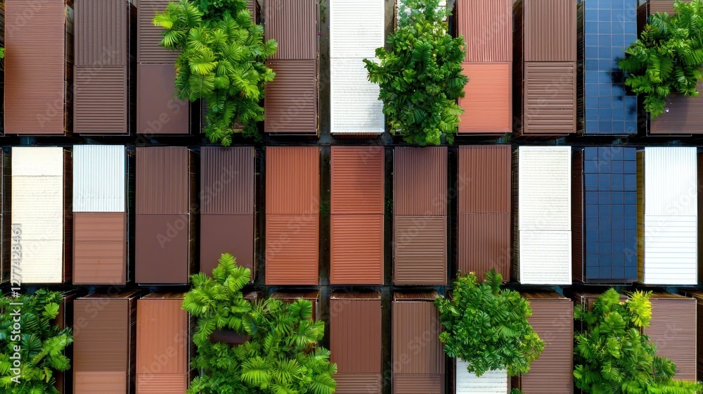 Poster aerial view of modern building facade with diverse textures colors and greenery creating a unique pa