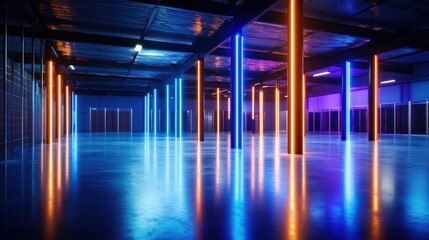 Fototapeta premium Neon Lit Warehouse with Reflective Floor and Metal Grids Creating a Futuristic Industrial Ambiance with Blue and Orange Lights