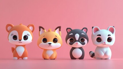 Cute cartoon animal figurines, adorable, playful, sitting in a row, against a pink background.