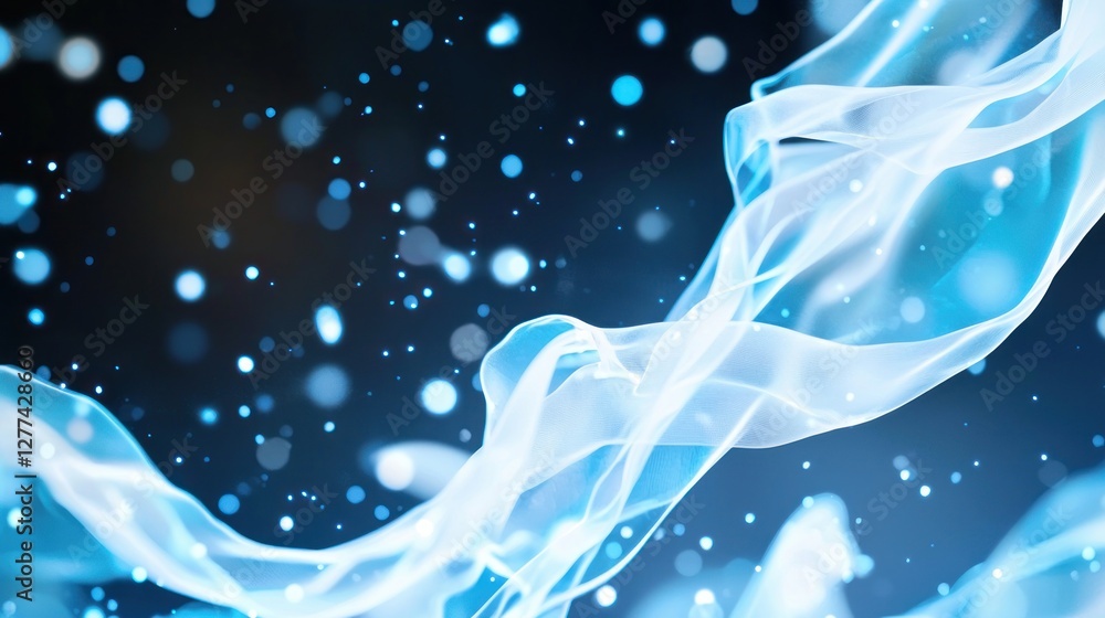 Poster ethereal blue abstract wave with glowing particles on dark background creating a dreamy and magical 