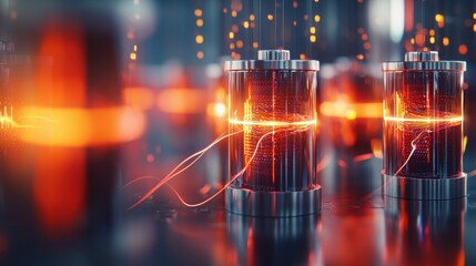 Innovative battery technology showcasing energy storage solutions with glowing electrical current and futuristic design for sustainable power