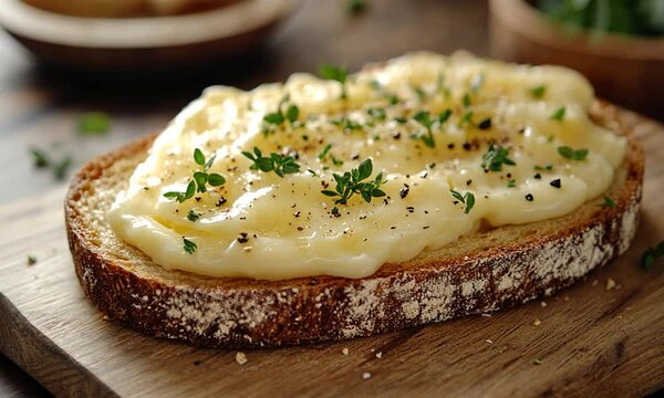 Close-up of a gourmet slice of toasted bread topped with creamy spread and fresh herbs, set on a rustic wooden table with blurred background elements