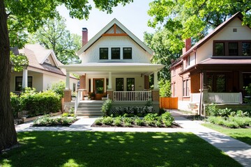 Charming suburban home with manicured lawn and lush green trees showcasing idyllic neighborhood living and architectural beauty in bright daylight