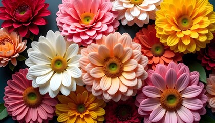 Fototapeta premium vibrant floral arrangement of gerbera daisies in shades of pink, red, yellow, and orange, creating a colorful and visually appealing display