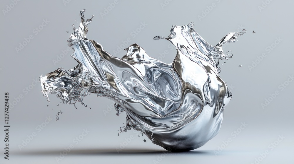 Poster abstract silver liquid splash: a 3d render of dynamic metallic flow