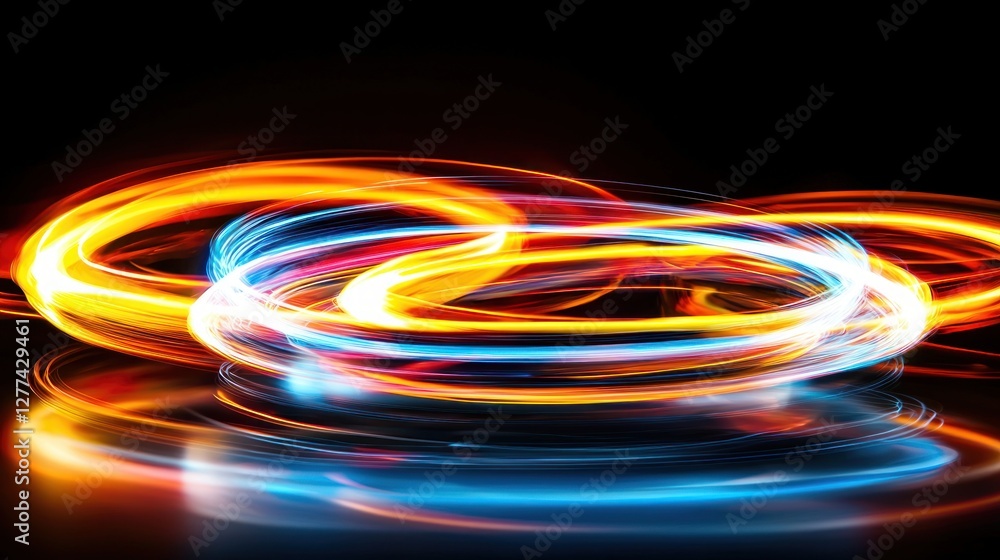 Poster abstract light painting with vibrant colors creating dynamic circular motion on a dark reflective su