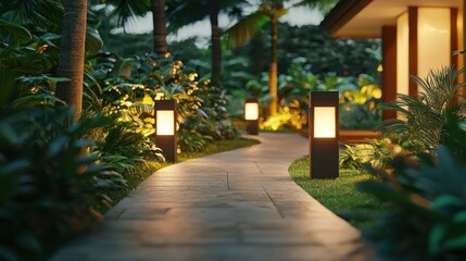 Fototapeta premium Illuminated Pathway: Serene Garden Walk at Dusk