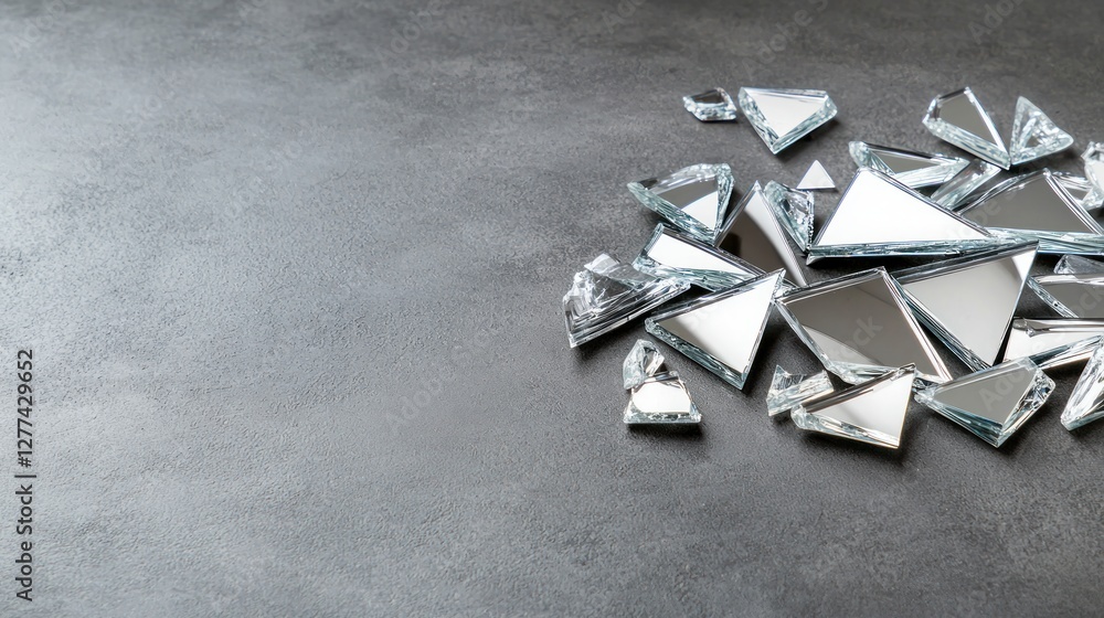 Poster shattered mirror pieces on dark gray background reflecting light and creating sharp angles and abstr