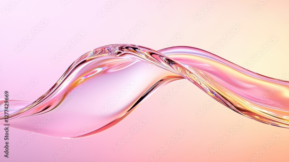 Poster a flowing wave of translucent pink and clear liquid against a soft gradient background, creating a s