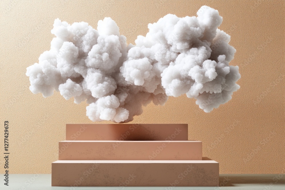 Poster ethereal cloudscape above minimalist platform for product display against textured backdrop serene a