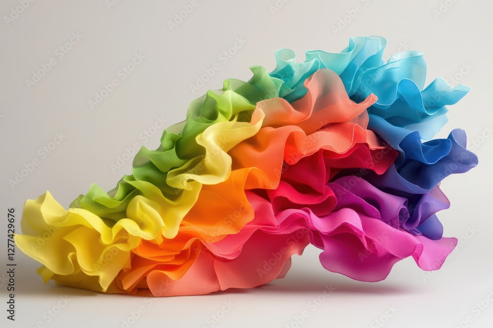 Poster vibrant rainbow textile cascade artistic arrangement on neutral backdrop creating a cheerful and liv