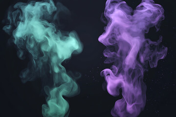 Abstract smoke patterns in teal and purple against a dark background.