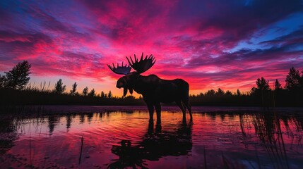 Majestic Moose Silhouetted Against Vibrant Sunset Sky