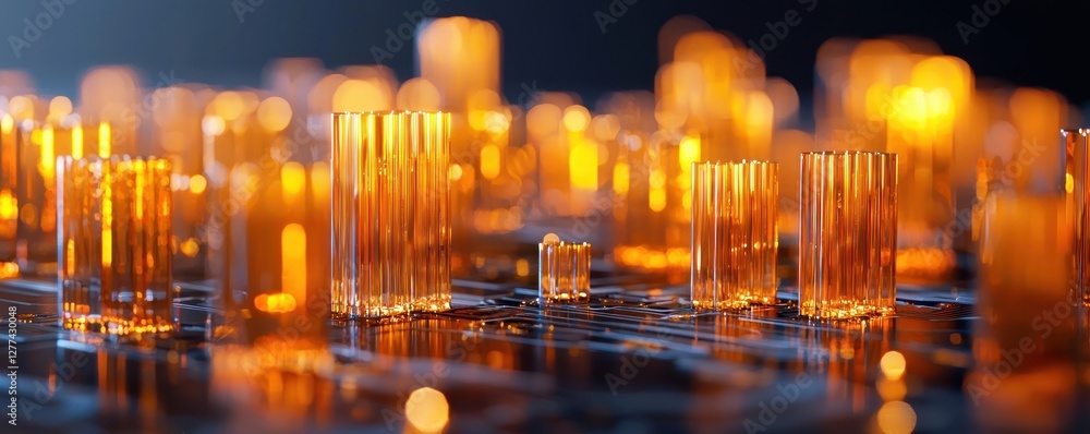 Poster abstract glowing amber crystal columns on a dark circuit board background create a futuristic and te