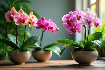 Fototapeta premium Colorful blooming orchids and ferns in elegant pots , vibrant, home decor