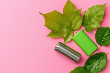 Sustainable energy concept with green leaves and batteries on pink background promoting eco friendly power solutions
