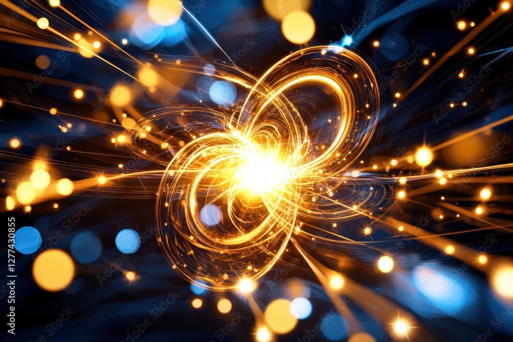 Poster abstract energy core with glowing light trails and bokeh effect on dark blue background for science 
