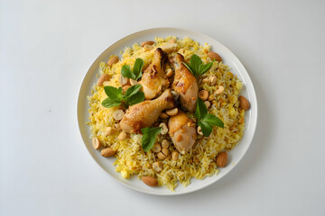 plate of chicken kabsa, a traditional Arabian rice dishs