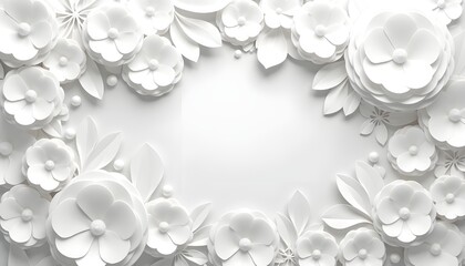 elegant paper flower arrangement forming a decorative border, intricate white flowers and leaves on a blank background, suitable for invitations, greeting cards,or decorative design,white flower frame