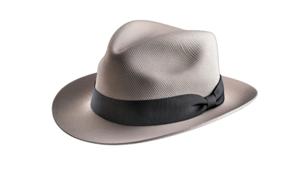 A black hat with a brown band sits on a white background