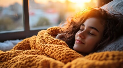 Peaceful Sunset Slumber: A Woman's Serene Nap in a Cozy Knit Blanket