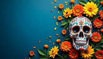 decorative sugar skull with marigold flowers, vibrant day of the dead background, dia de los muertos art