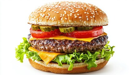 A delicious burger with cheese, lettuce, tomato, and pickles